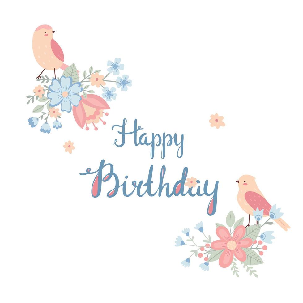 leuke kinderachtige verjaardagskaart met bloemen en vogels. kleurrijke uitnodiging met bloemenelementen. vectorillustratie. vector