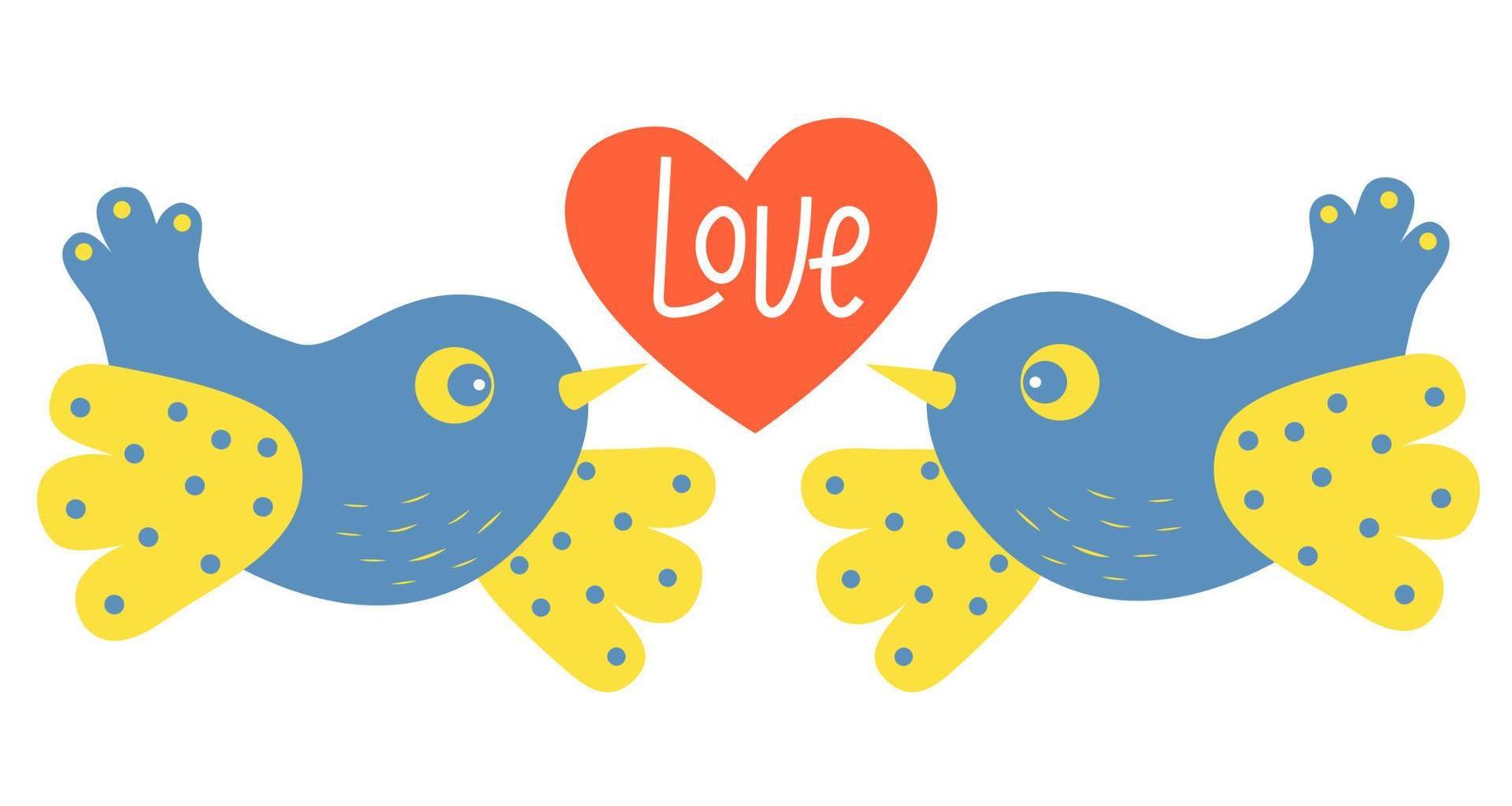 paar decoratieve geelblauwe vogels met rood hart met het woord liefde. vectorillustratie. schattig karakter voor vogelliefhebbers voor decor, ontwerp, kaarten en valentijnskaarten, decoratie en print vector