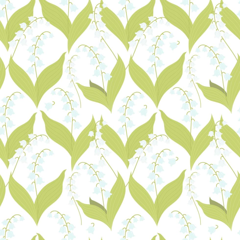naadloze bloemmotief met mooie mei lelietje-van-dalen. vectorillustratie. lentepatroon met bosbloemen voor ontwerp, verpakking, behang, decor en decoratie vector