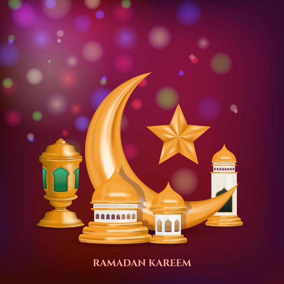 wenskaart voor ramadan kareem met gouden moskee minaret en lantaarn in marron bokeh achtergrond vector