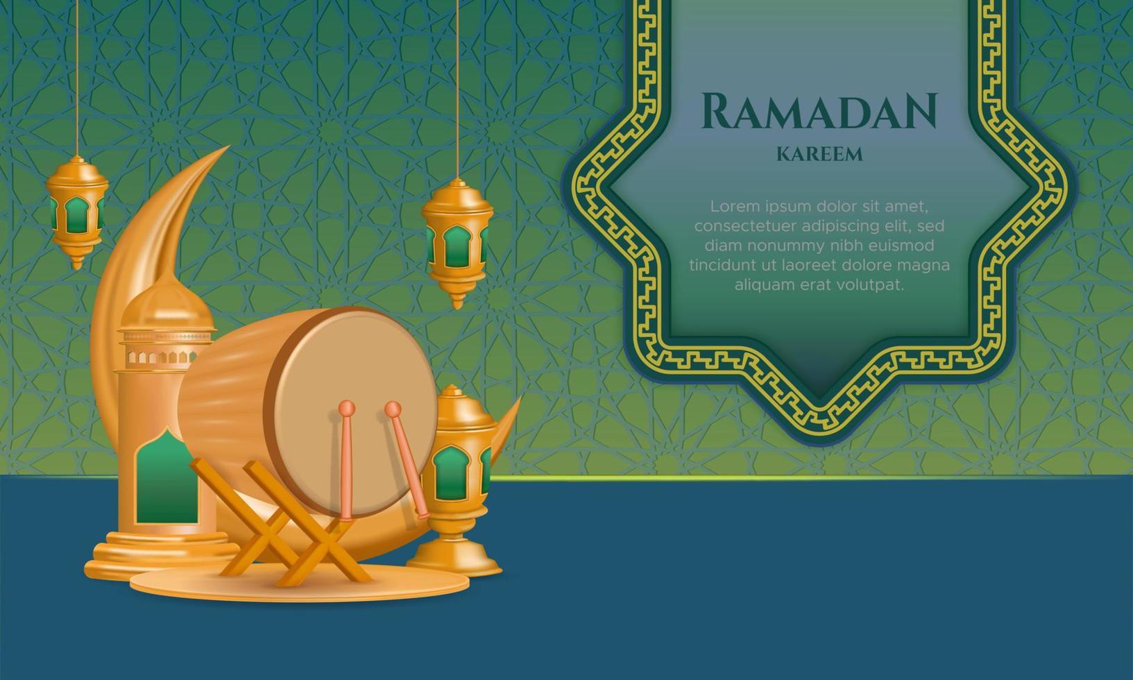 eid mubarak gouden halve maan met bedug drum en islamitische patroon groene decoraties vector