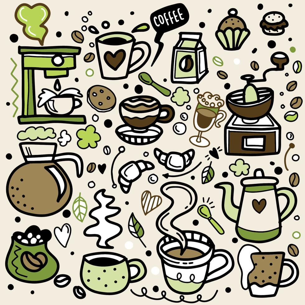 schattige doodle coffeeshop pictogrammen. vectoroverzicht koffie- en theetekeningen voor cafémenu vector