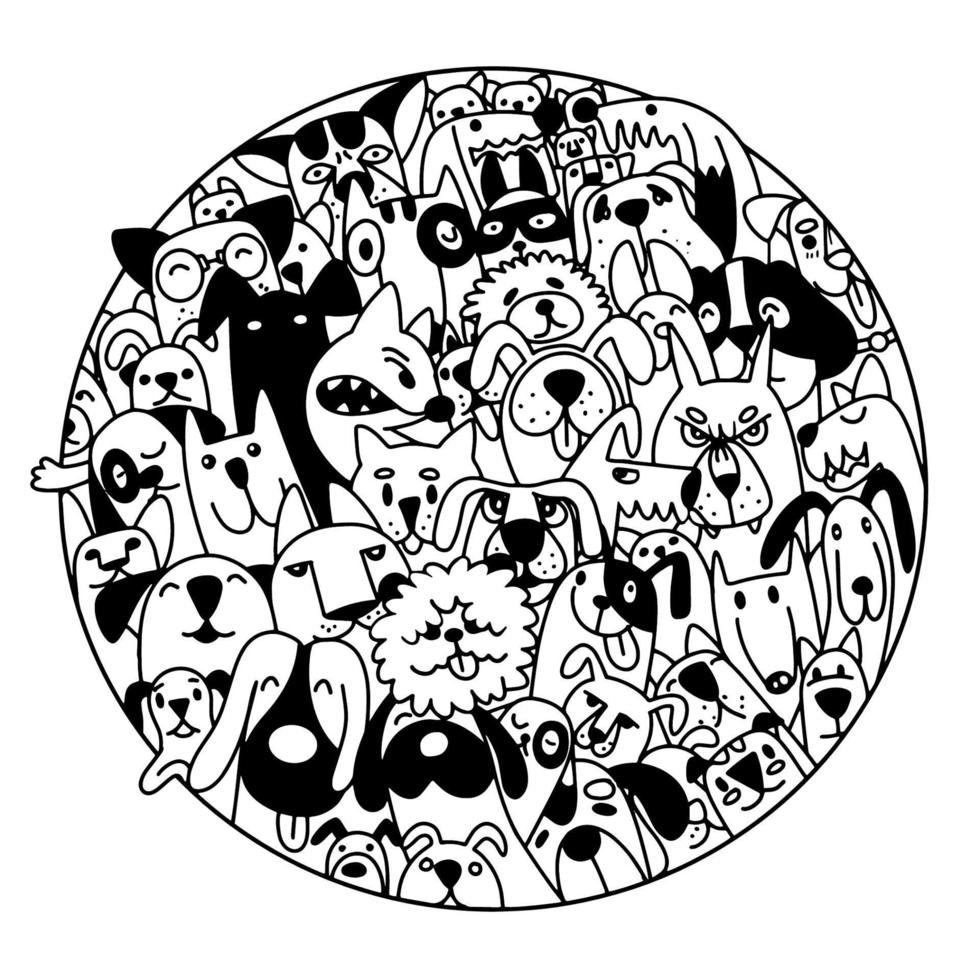 doodle honden gezichten kleurrijke achtergrond, hand getrokken vectorillustratie van doodle illustratie voor het kleuren van book vector