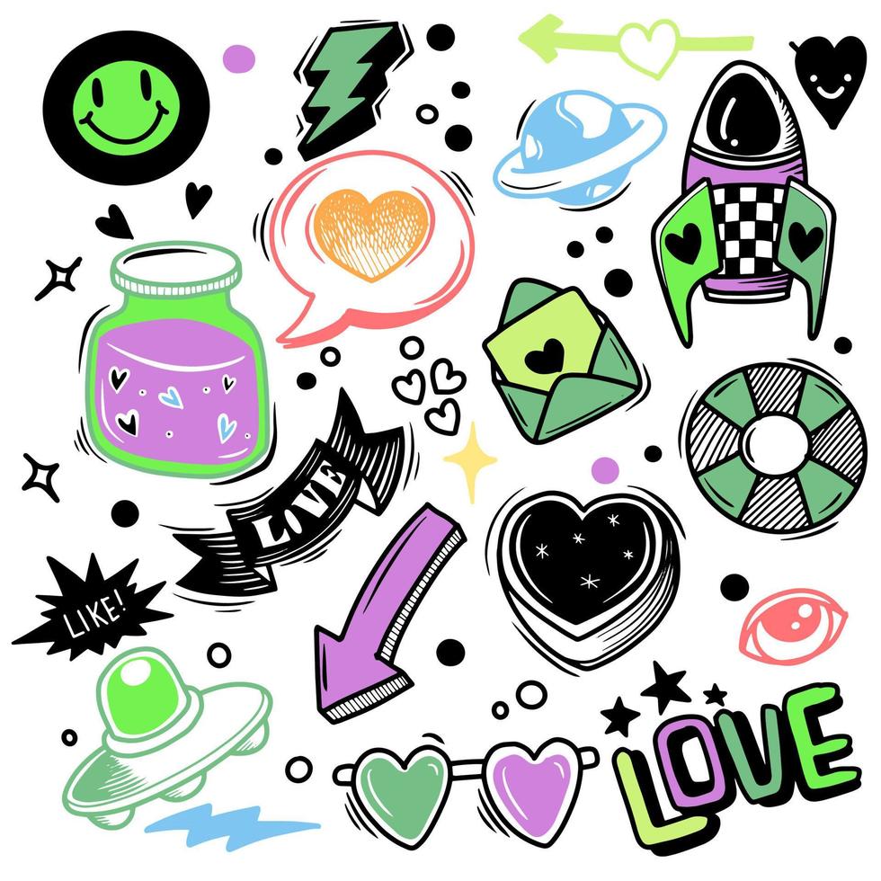 liefde, vectorillustratie van doodle schattig voor kind, met de hand getekende set van schattige doodles voor decoratie op witte achtergrond, grappige doodle hand getrokken vector