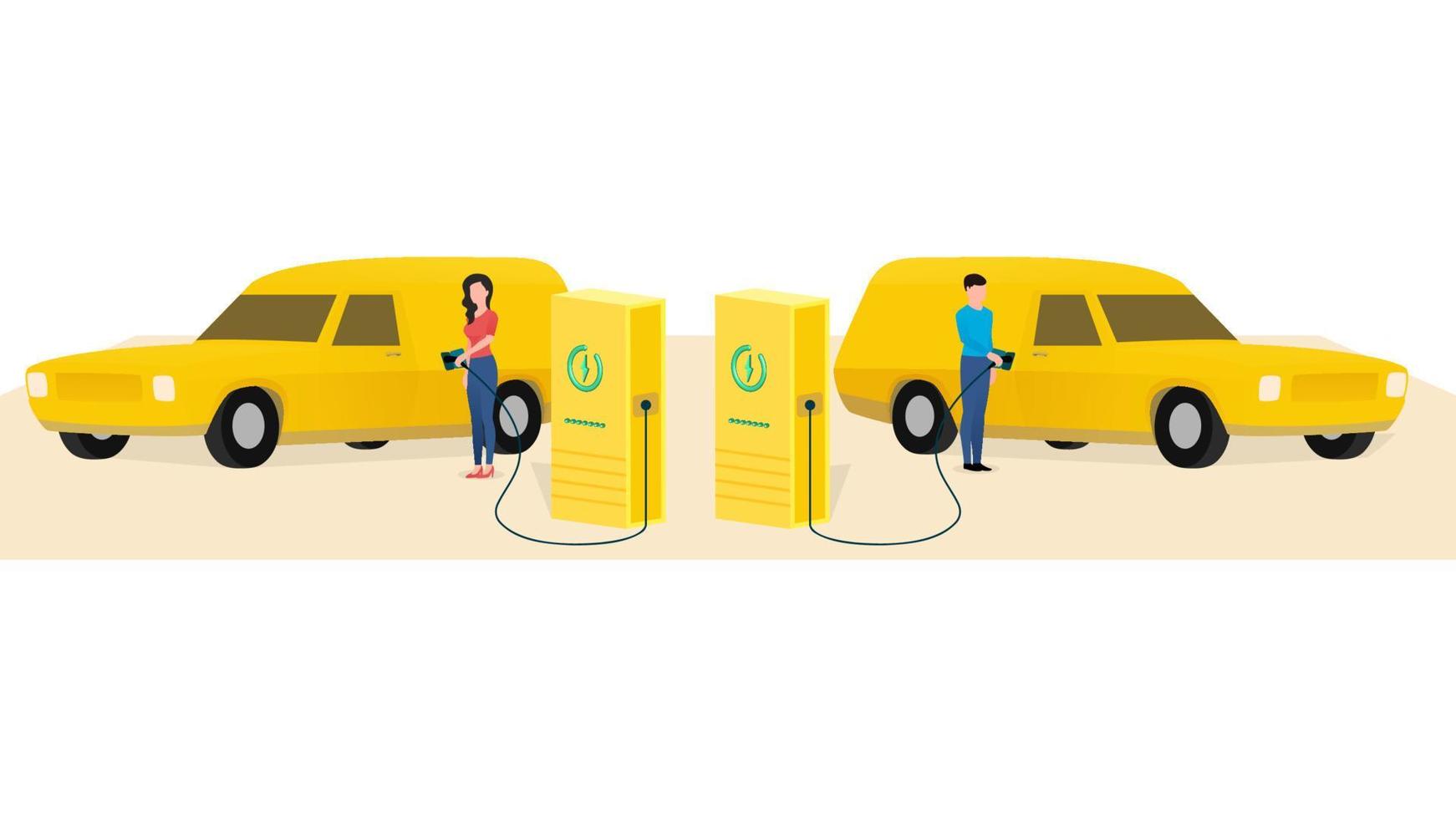 man en vrouw die bestelwagen laden bij het laadstation voor elektrische voertuigen, voertuig bij ev-laadpunt, zakelijke karakter vectorillustratie op witte achtergrond. vector