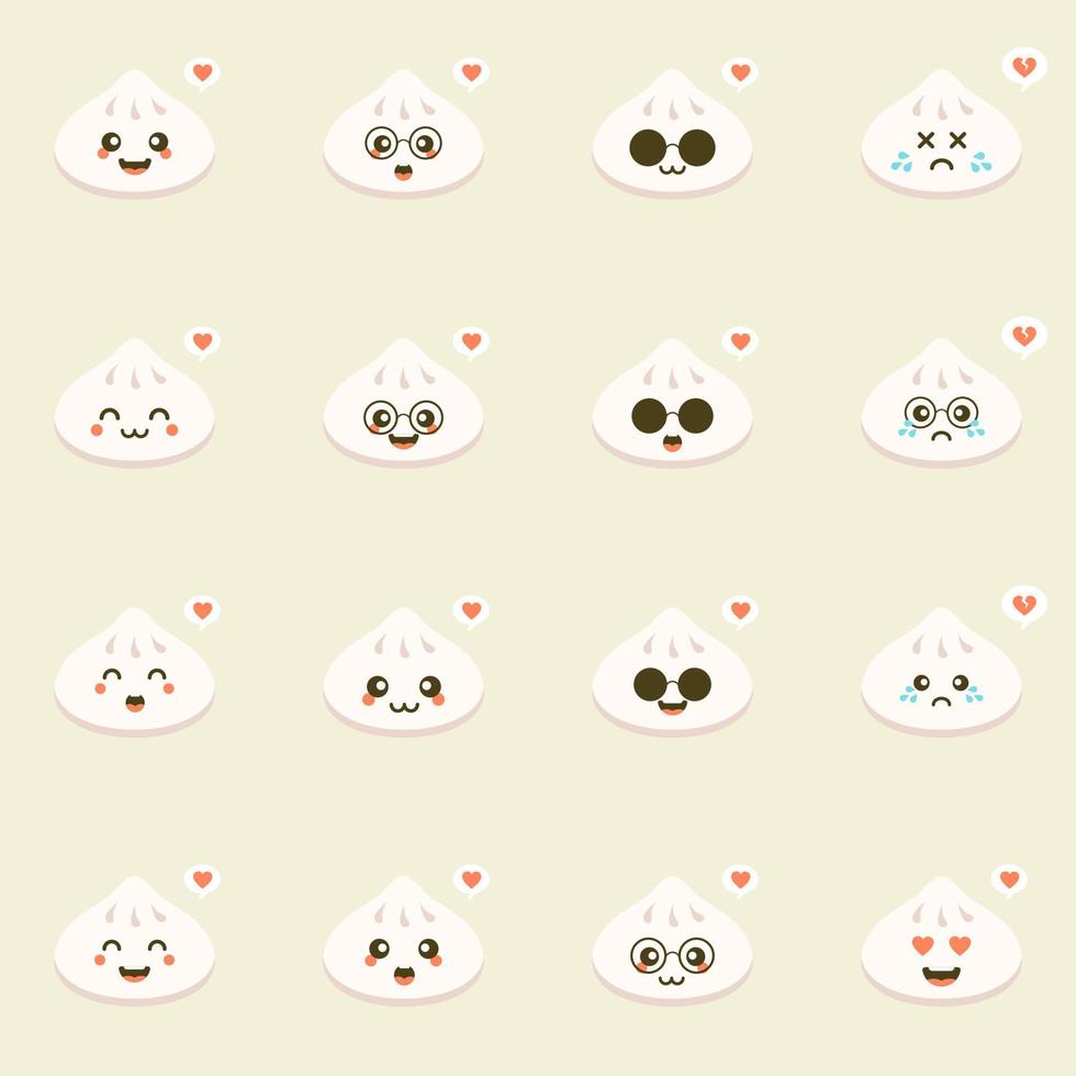 chinees dim sum schattig kawaii vectorkarakter. Aziatische traditionele schotel met lachend gezicht. oosterse keuken. knoedels met kruiden. grappige emoji, emoticon. geïsoleerde cartoon kleur illustratie vector