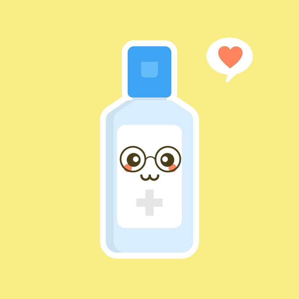 schattig en kawaii desinfectie of en ontsmettingsfles, wasgel. vectorillustratie geschikt voor hygiëne, desinfecteren, medisch, schoon leven, antivirus, bacteriën, gezondheidszorg, ziekteverspreiding, ziektekiemen vector