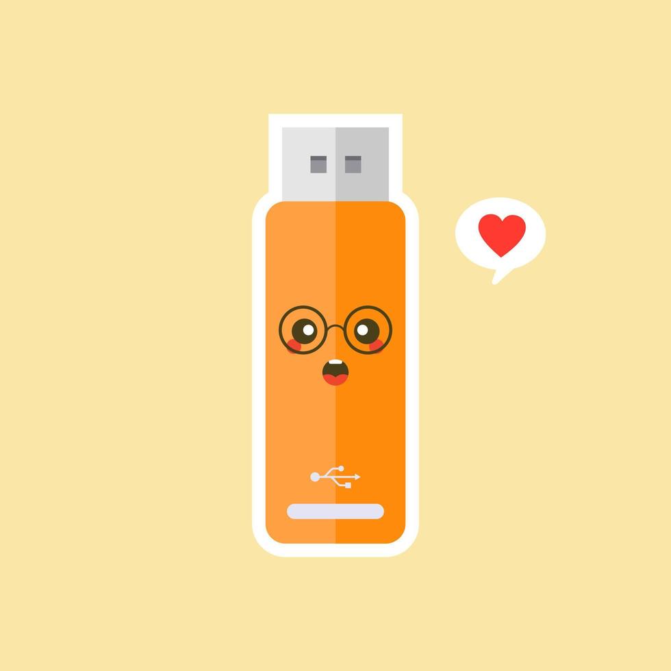 kawaii en schattig usb flash drive pictogram geïsoleerd op een gekleurde achtergrond. geheugenstick icoon in platte stijl. flash disk karakter met gezichtsuitdrukking. kan gebruiken voor technologie, mascotte, it-element, website, pictogram vector