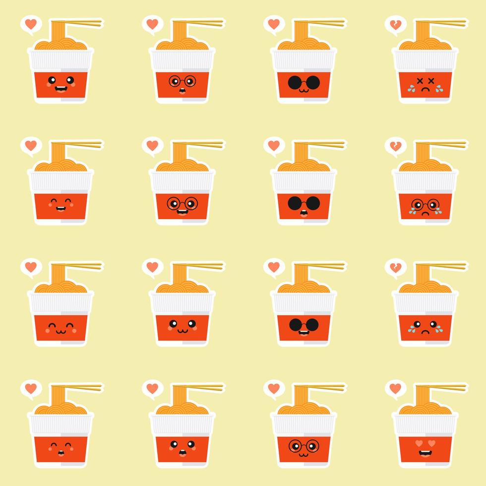 schattig en kawaii instant ramen cup karakter in vlakke stijl. noodle cup met eetstokje cartoon afbeelding met emoji en expressie. kan gebruiken voor restaurant, resto, mascotte, chinees. japans, aziatisch vector
