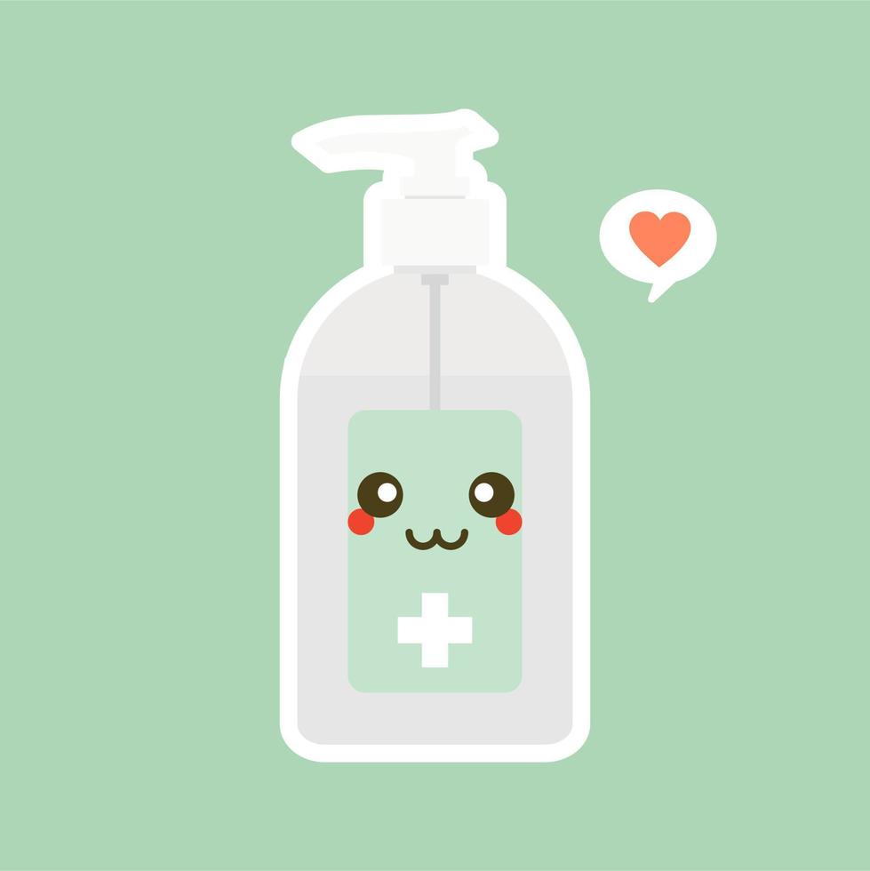 schattig en kawaii desinfectie of en ontsmettingsfles, wasgel. vectorillustratie geschikt voor hygiëne, desinfecteren, medisch, schoon leven, antivirus, bacteriën, gezondheidszorg, ziekteverspreiding, ziektekiemen vector