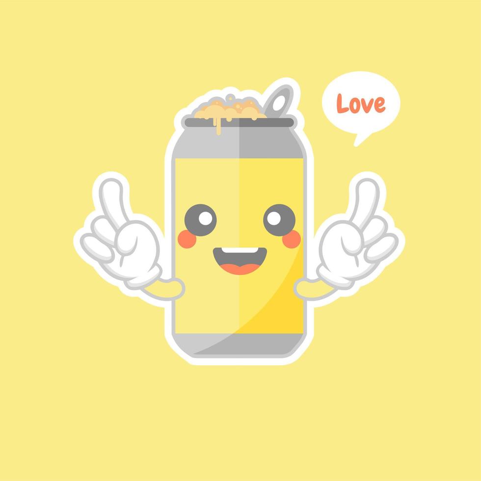 leuke en kawaii cartoon frisdrankblikjes. schattig mooi emoticon emoji gezicht, glimlach, gelukkig. koude cola en frisdrank. zoet maar veel calorieën. vector