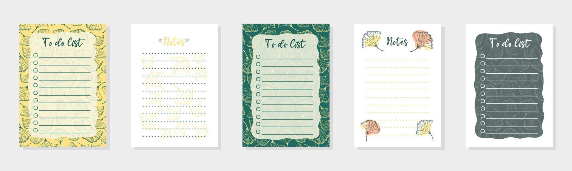 set takenlijst met ginkgo biloba-bladeren. sjabloon voor organisator, planner, agenda, planner, notebooks. platte vectorillustratie. vector