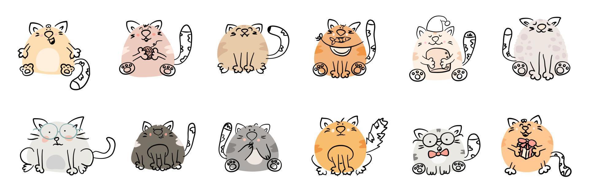 cartoon katten instellen. grappige hand getrokken dierlijke karakters geïsoleerd op een witte achtergrond. schattige huisdieren met verschillende emoties. platte vectorillustratie. vector