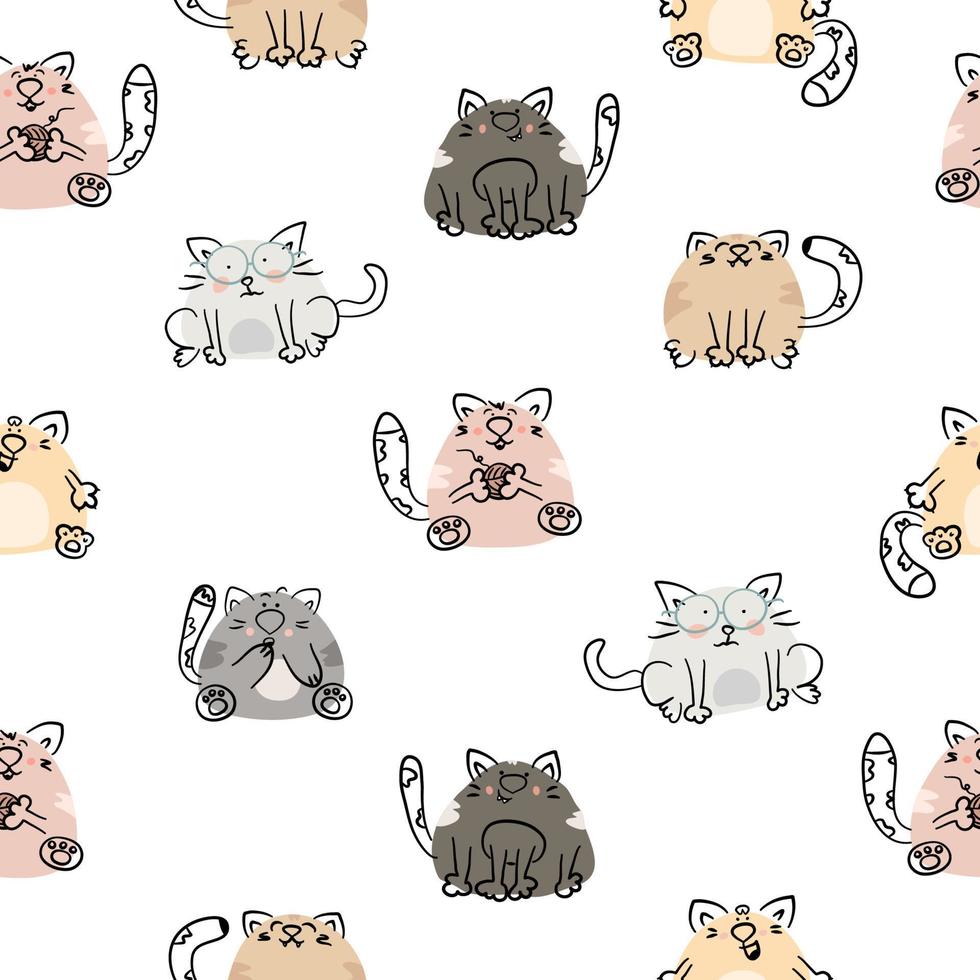 schattige cartoon katten vector naadloze patroon. grappige handgetekende dierlijke karakters met verschillende emoties. geschikt voor stof, textiel, inpakpapier, behang.