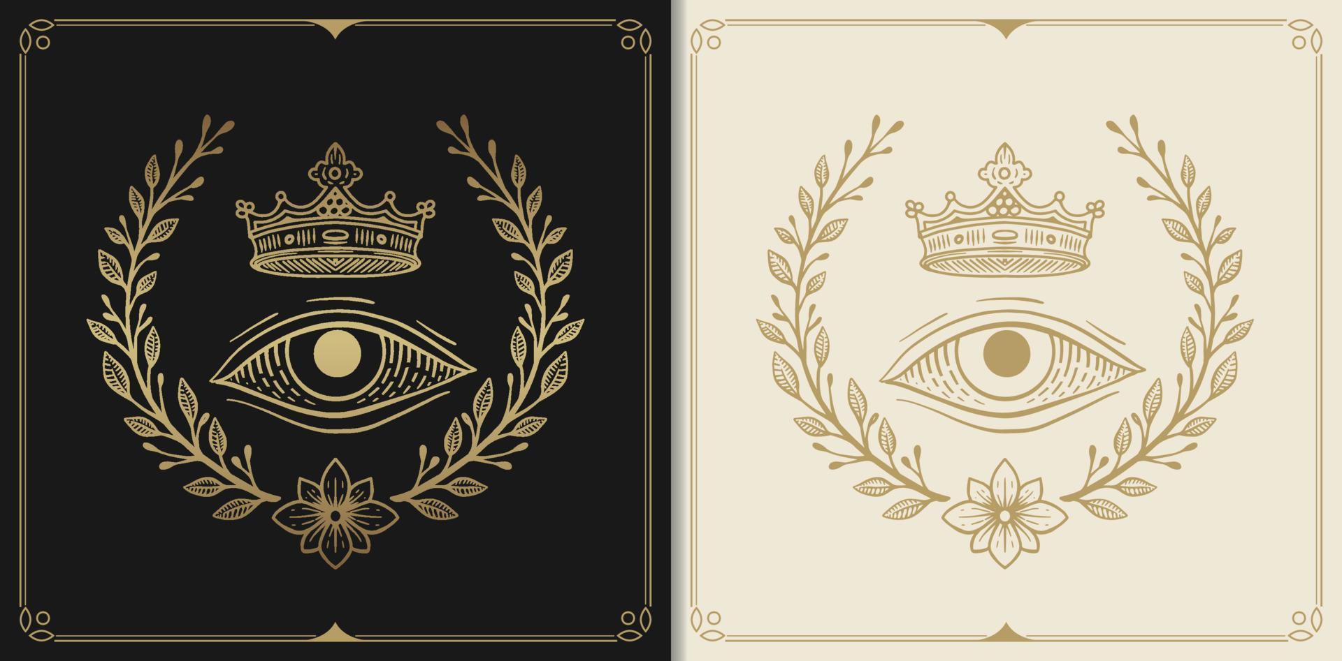 koninklijk symbool, oog, kroon met gravure, met de hand getekend, luxe, hemels, esoterisch, boho-stijl, geschikt voor spiritualistische, religieuze, paranormale, tarotlezer, astroloog of tatoeage vector