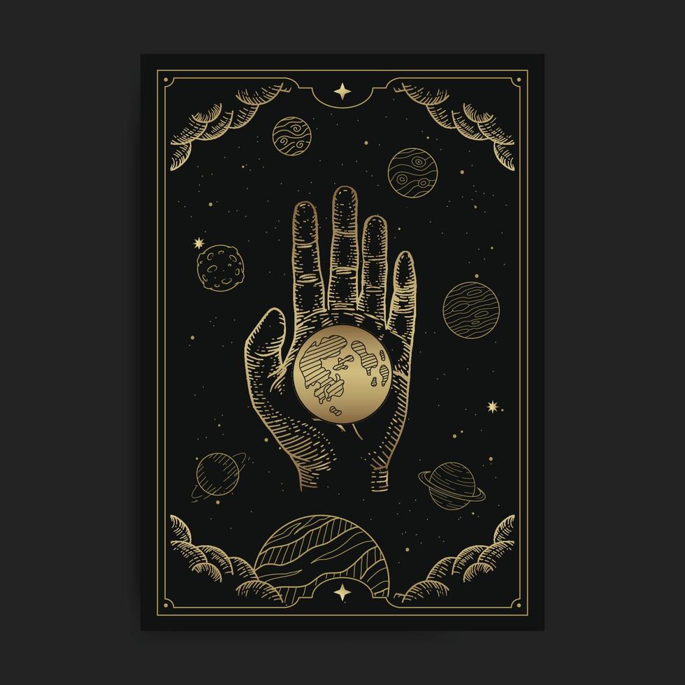 geweldige hand met planeet met gravure, met de hand getekend, luxe, hemels, esoterisch, boho-stijl, geschikt voor spiritualistische, religieuze, paranormale, tarotlezer, astroloog of tatoeage vector