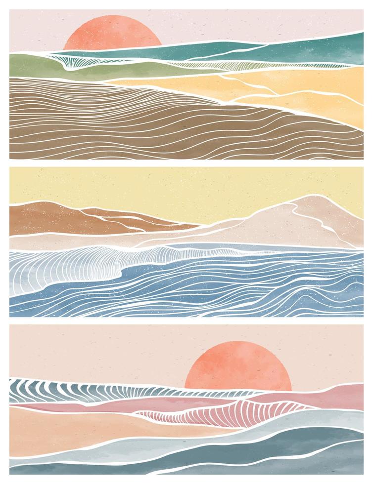 set van creatieve minimalistische moderne lijnkunstdruk. abstracte oceaangolf hedendaagse esthetische achtergronden landschappen. met zee, skyline, golf. vectorillustraties vector