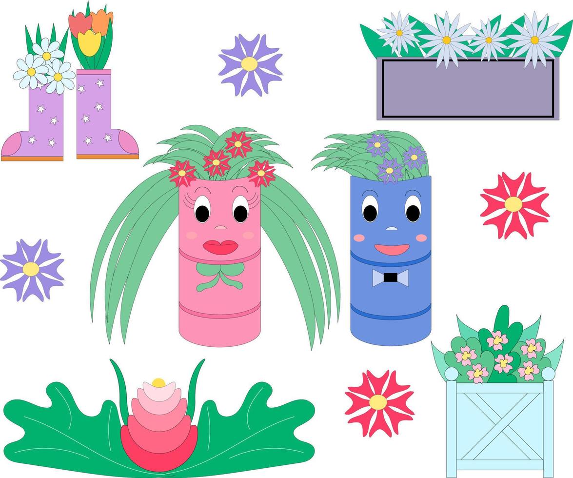 set van tuin bloemen. laarzen, vaten en verschillende containers voor bloemen worden gebruikt. stripfiguren in de vorm van een paar vaten met bloemen. platte vectorillustratie. vector