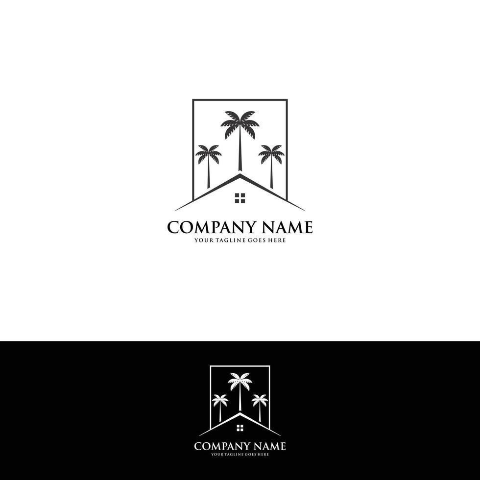 huis met palmboom logo vector, tropisch strand huis of hotel pictogram ontwerp illustratie vector