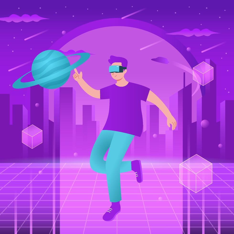 virtueel universum-concept met jongen die een virtual reality-bril draagt vector