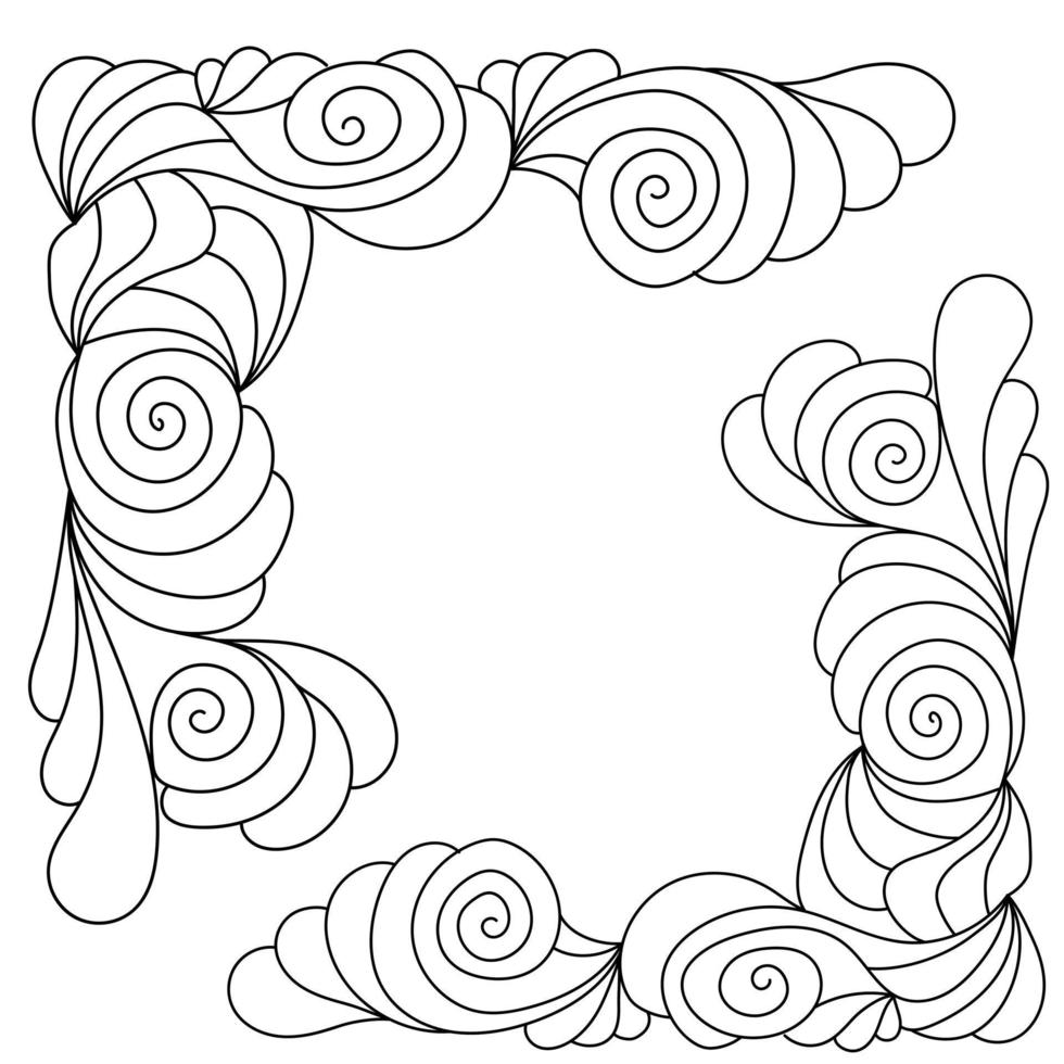 Zen hoek met krullen en spiralen, decoratief hoek doodle frame als anti-stress kleurplaat, voor uitnodigingsontwerp of meditatieve kleuren vector