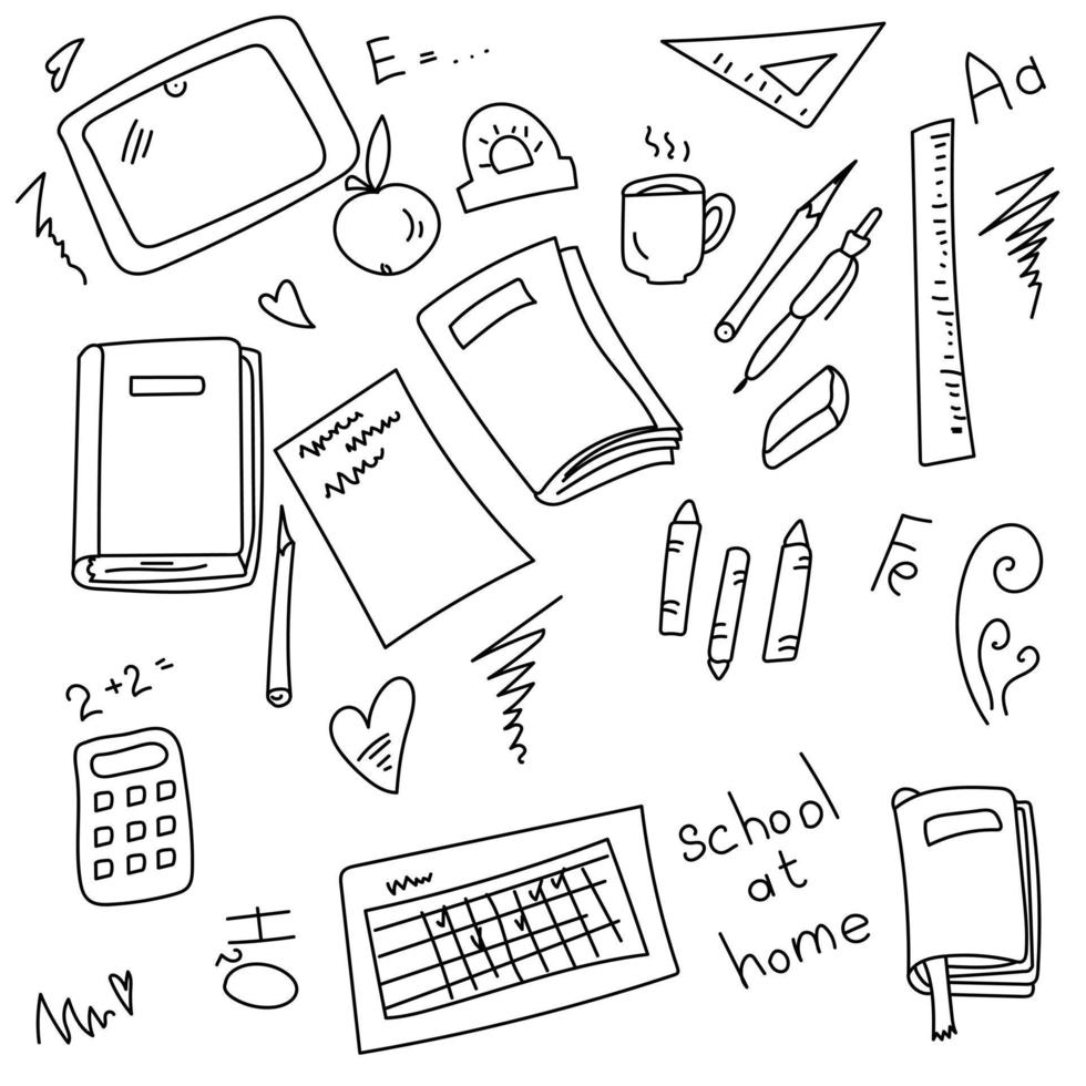school thuis, doodle op een schoolthema en online leren, onderwerpen en inscripties met betrekking tot wetenschap en kennis vector
