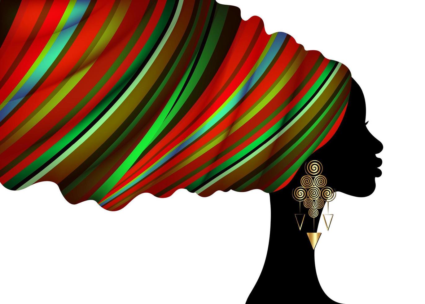 Afrikaanse gestreepte print tulband hoofd wrap, portret schoonheid vrouw in afro kapsels, logo ontwerp zwarte vrouwen haar jurk, vector Afrika etnische sjabloon geïsoleerd op witte achtergrond