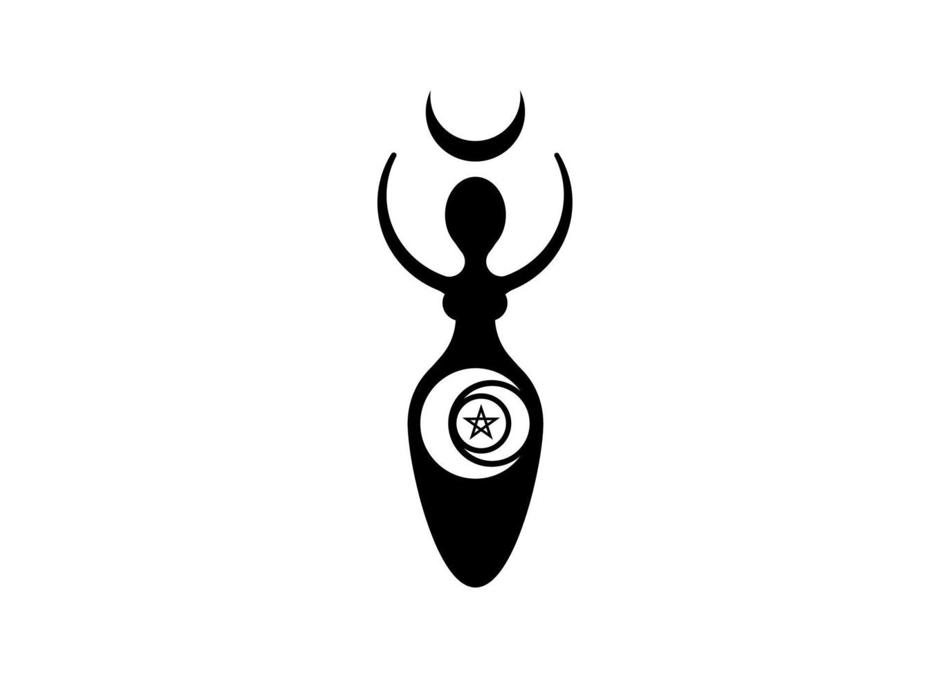Wicca vrouw logo drievoudige maangodin, wassende maan, pentacle heidense symbolen, cyclus van leven, dood en wedergeboorte. Wicca moeder aarde symbool van seksuele voortplanting, vector tattoo pictogram geïsoleerd op wit