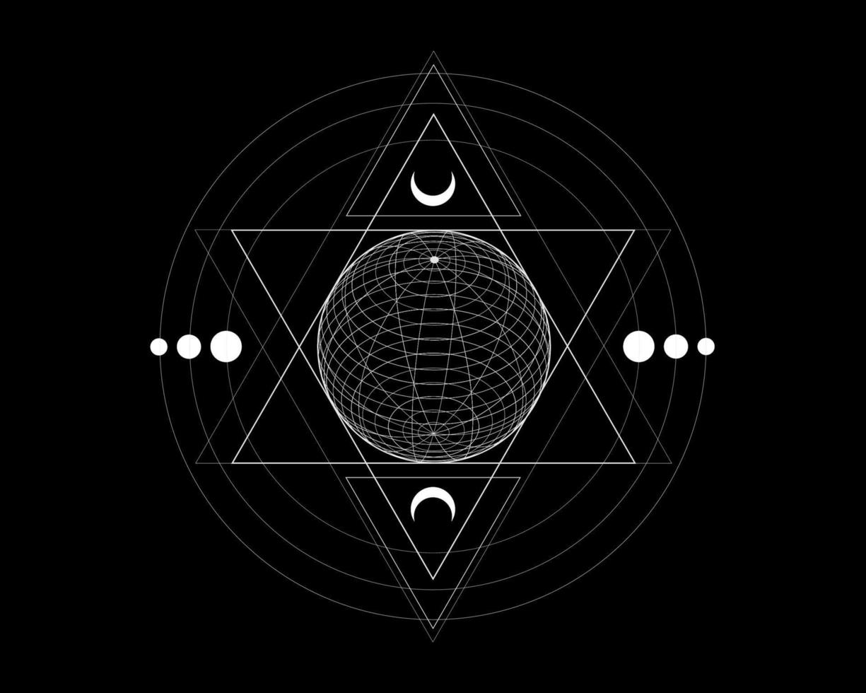 mystieke heilige geometrie symbool. alchemie magische draadframe bol, occult, filosofisch teken. voor muziekalbumomslag, poster, sacramenteel ontwerp. astrologie, religie concept. vector geïsoleerd op zwart