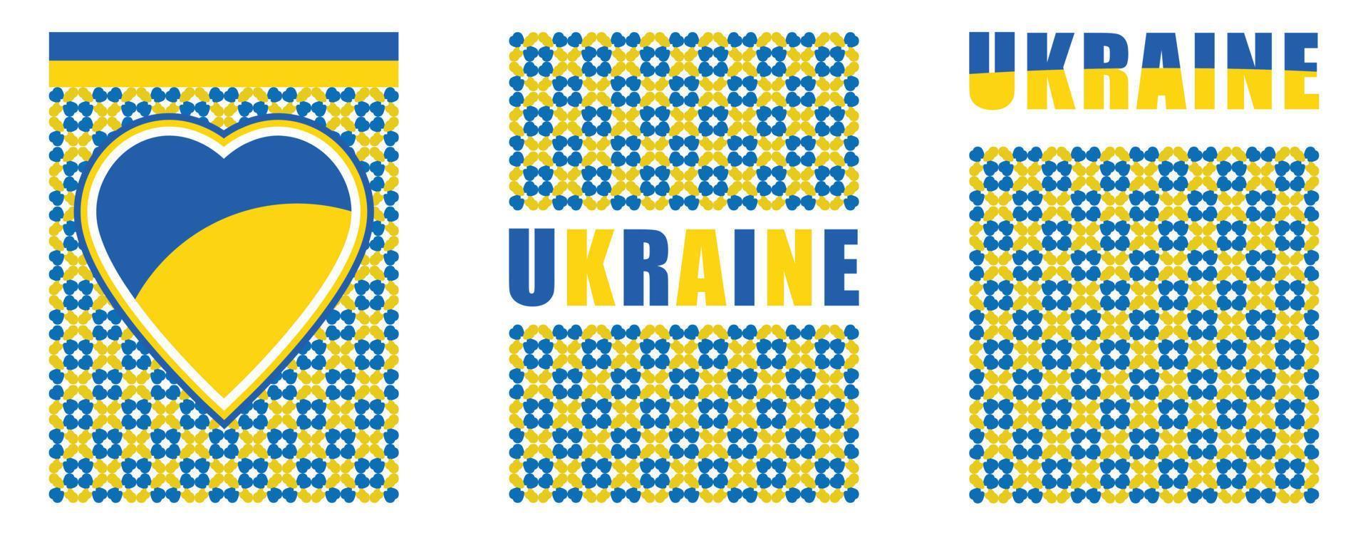 Oekraïne patroon voor nationale feestdag met modern design. Oekraïense vlag en kaart met typografie en blauw geel kleurenthema. conflict met rusland, geheven vuisten voor solidariteit en borduurachtergrond vector