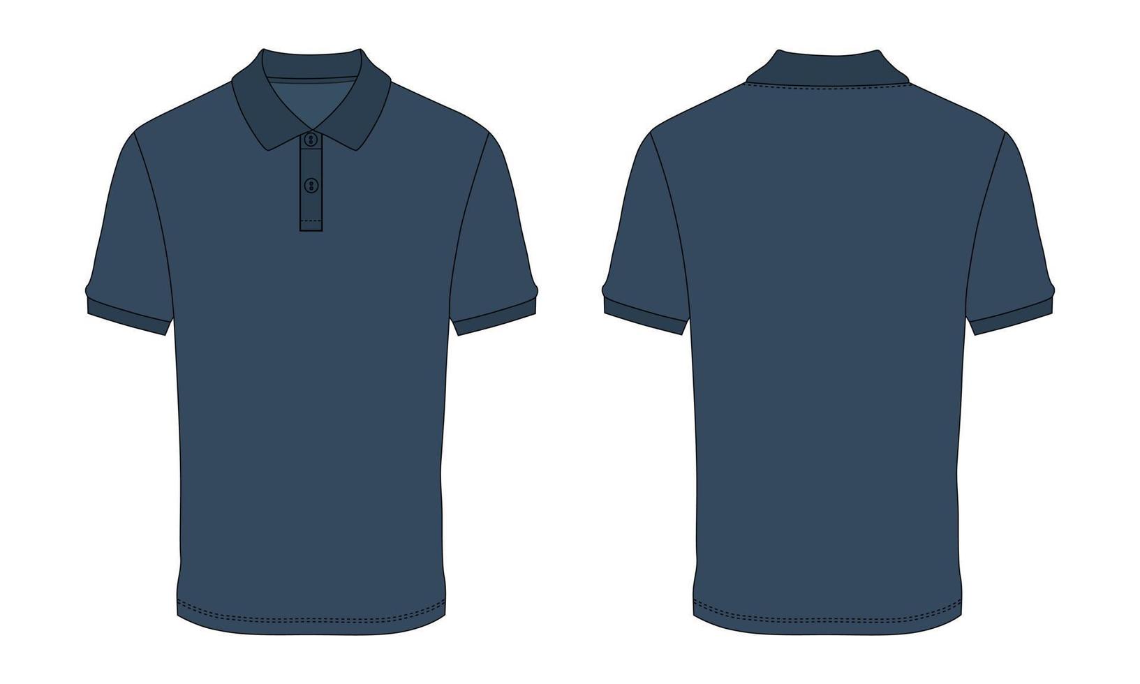 korte mouw poloshirt mode platte schets vector illustratie marineblauwe kleur sjabloon voor- en achterkant weergaven geïsoleerd op een witte achtergrond.