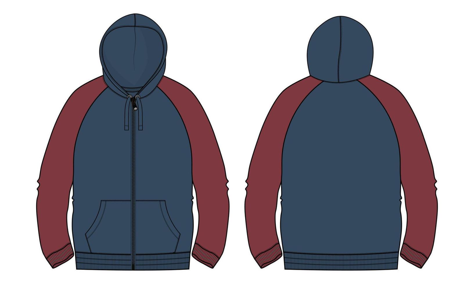 two tone rood marineblauw kleur lange mouw hoodie technische mode platte schets vector illustratie sjabloon voor- en achterkant uitzicht.