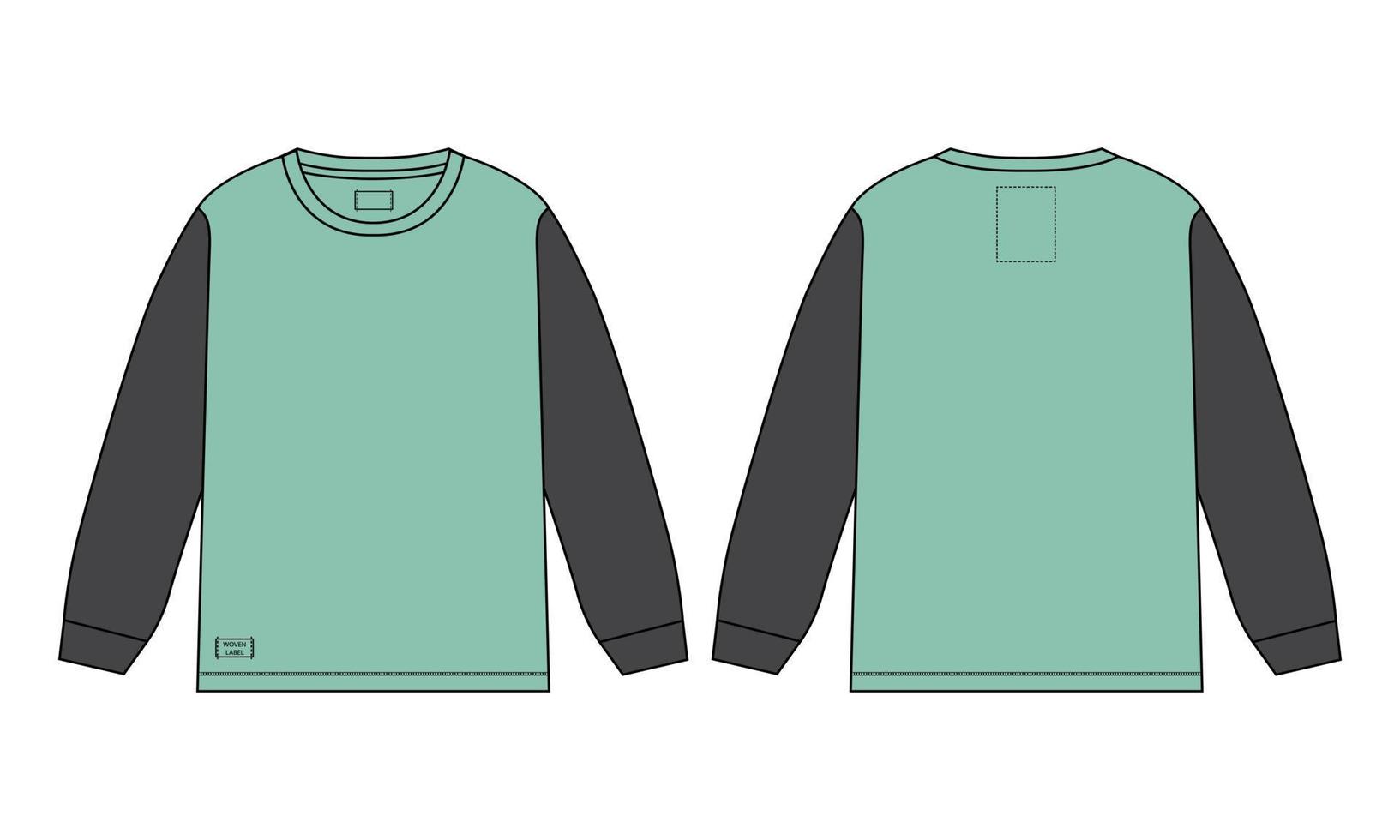 tweekleurige kleur lange mouw t-shirt vlakke stijl vector illustratie sjabloon voor- en achterkant weergaven geïsoleerd op een witte achtergrond