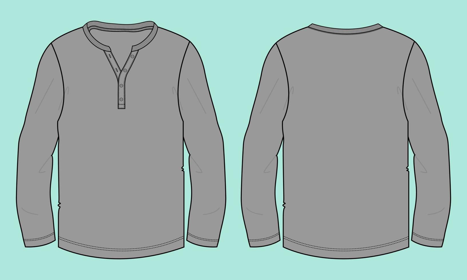 lange mouw t-shirt technische mode platte schets vector illustratie grijze kleur sjabloon sjabloon voor- en achterkant uitzicht.