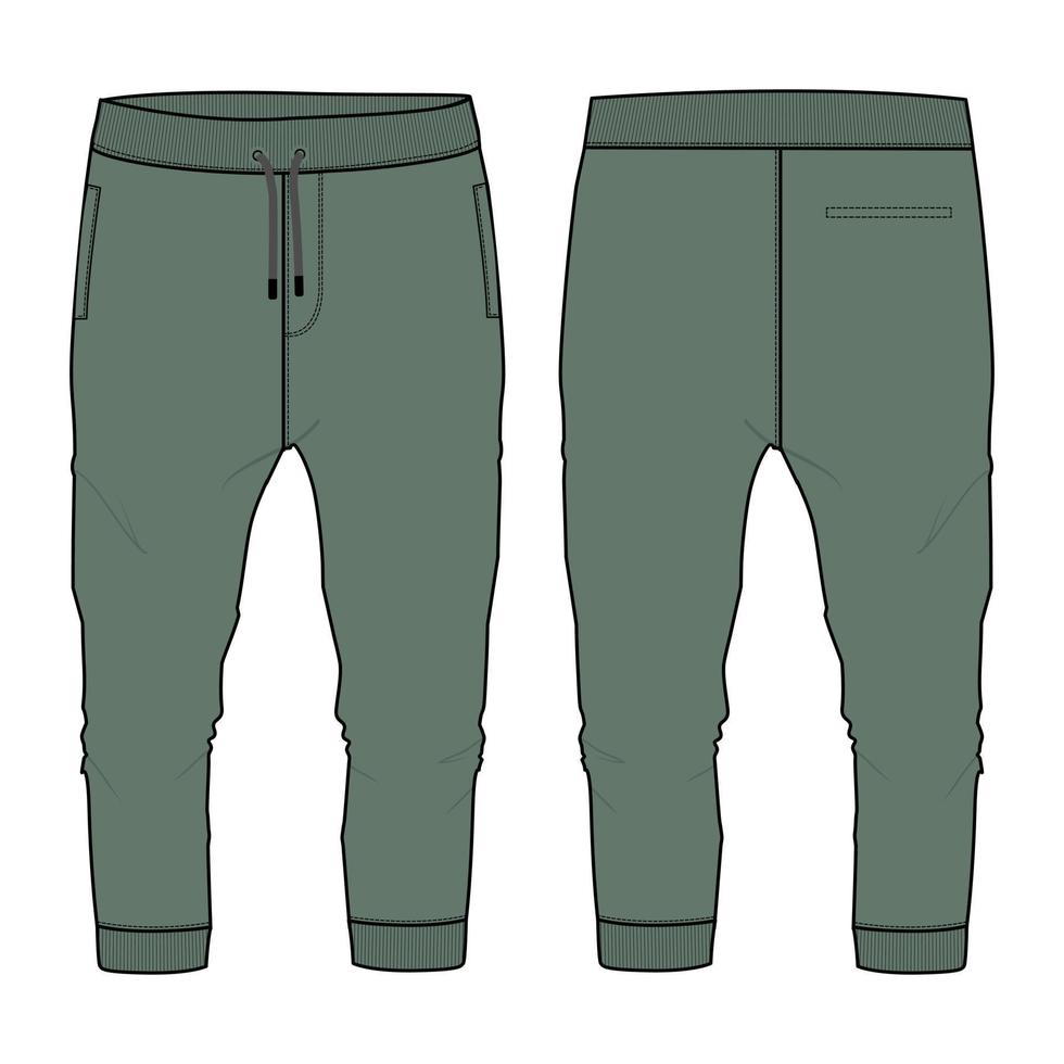 fleece katoen jersey basic jogger sweatpant technische mode platte schets vector illustratie groene kleur sjabloon voor- en achterkant uitzicht geïsoleerd op een witte achtergrond.