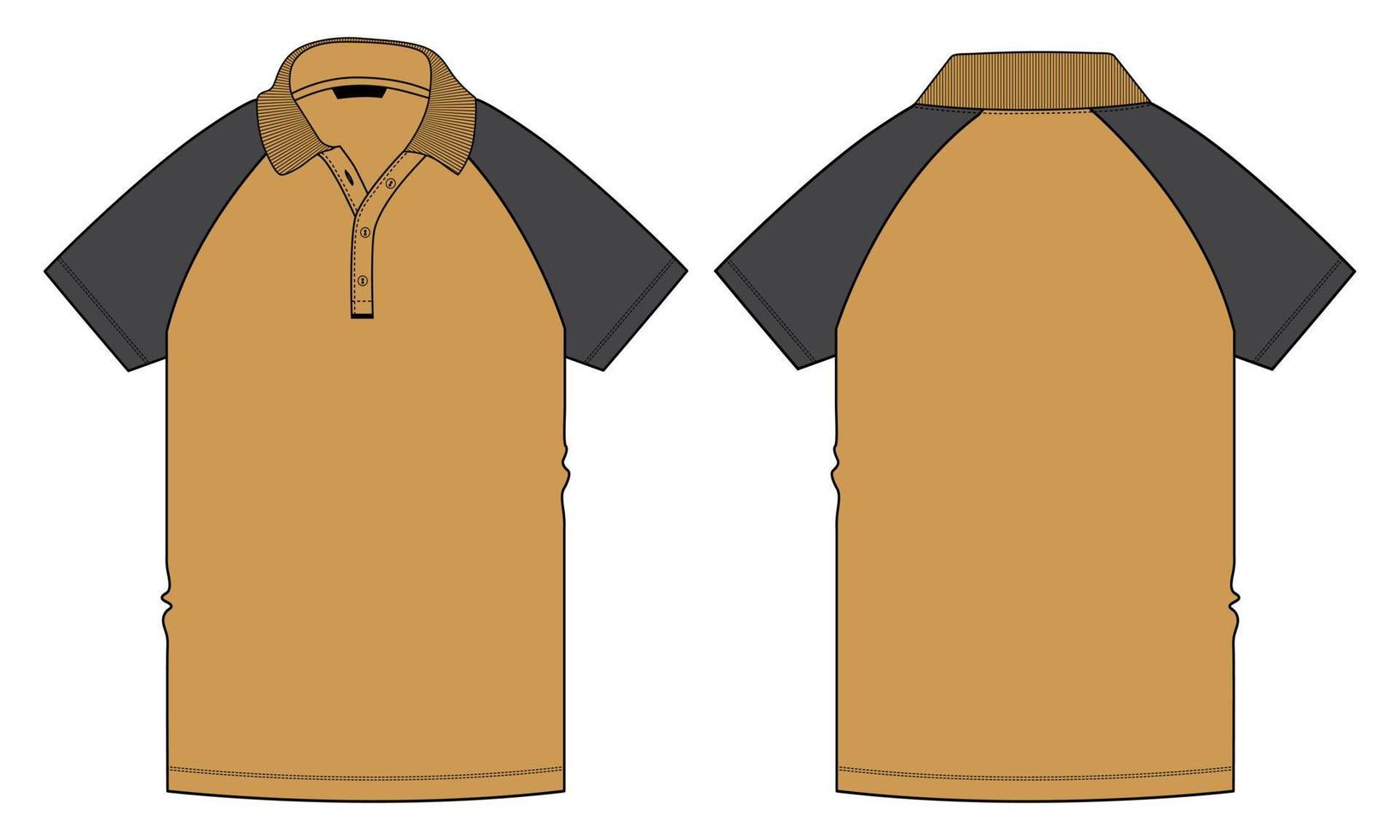 two tone zwarte en gele kleur raglan korte mouw poloshirt technische mode platte schets vector illustratie sjabloon voor- en achterkant uitzicht geïsoleerd op een witte achtergrond.