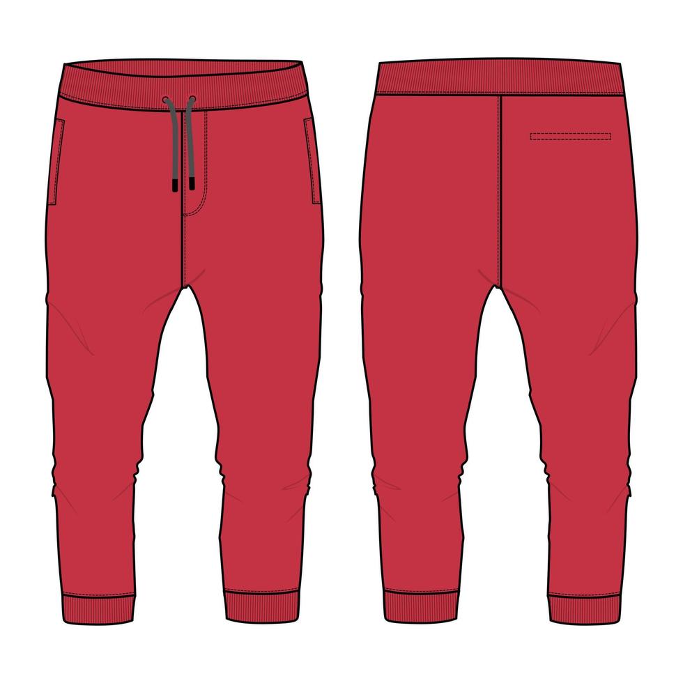 fleece katoen jersey basic jogger sweatpant technische mode platte schets vector illustratie rode kleur sjabloon voor- en achterkant uitzicht geïsoleerd op een witte achtergrond.