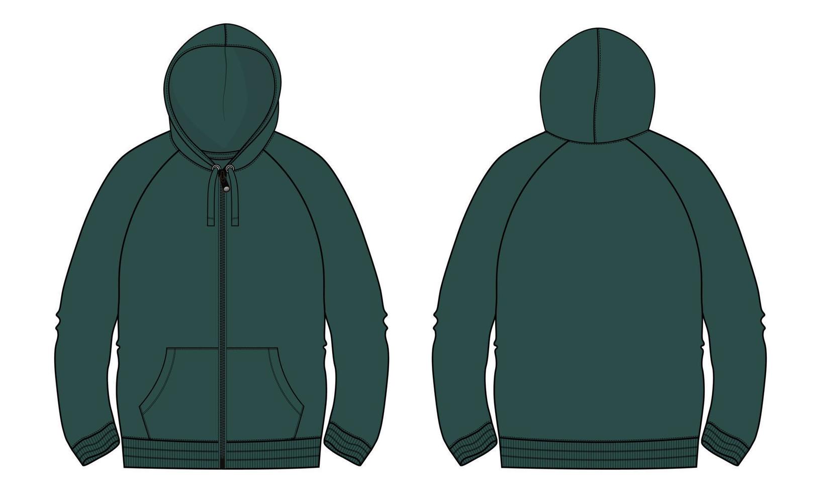 lange mouw hoodie technische mode platte schets vector illustratie groene kleur sjabloon voor- en achterkant uitzicht.