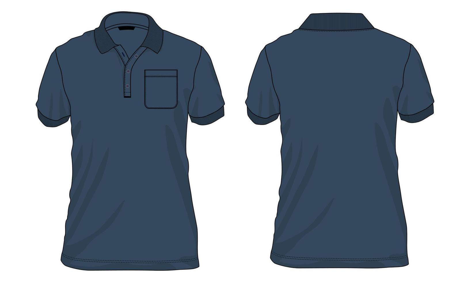 korte mouw poloshirt technische mode platte schets vector illustratie marineblauwe kleur sjabloon voor- en achterkant uitzicht geïsoleerd op een witte achtergrond.