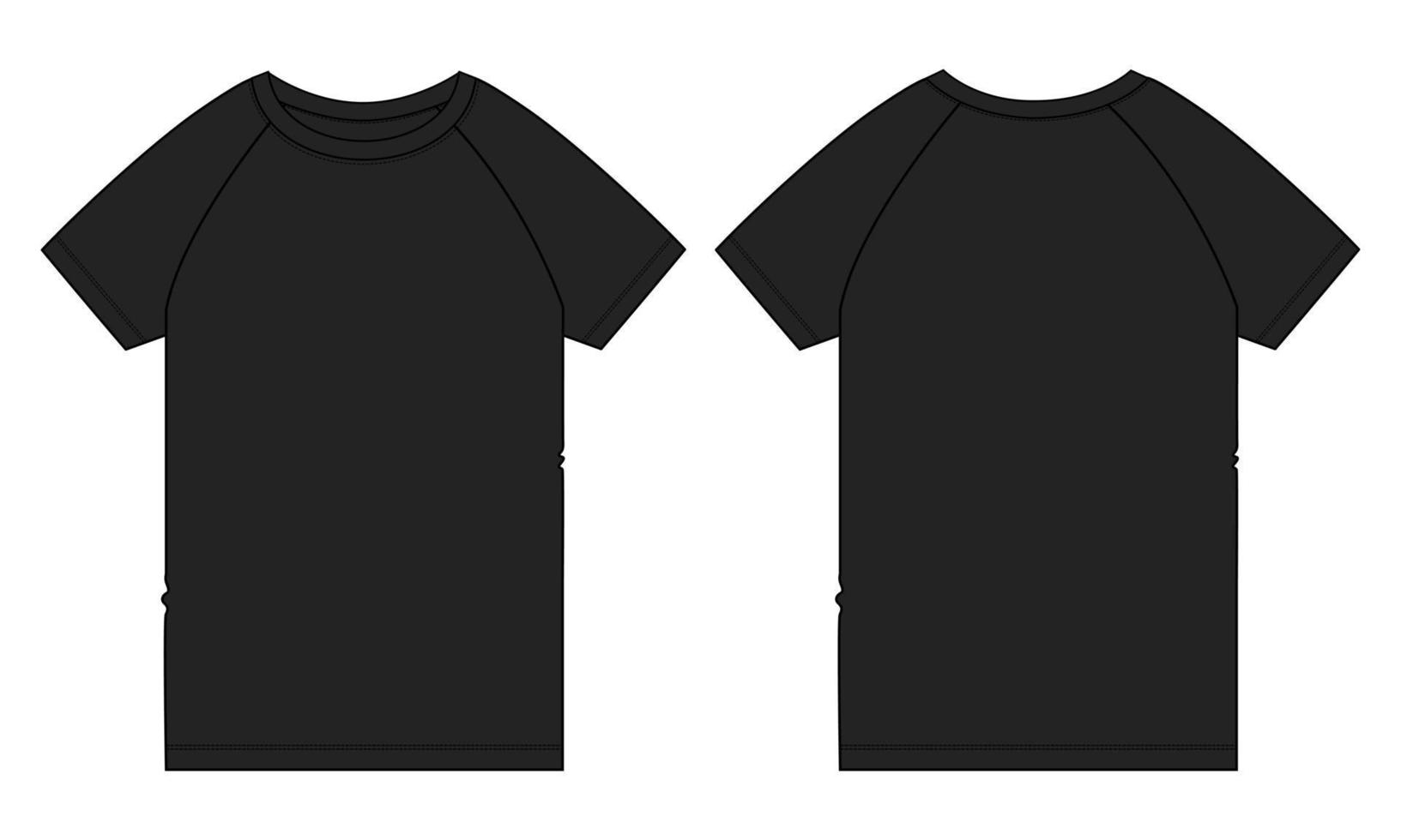 korte mouw raglan t-shirt technische mode platte schets vector illustratie zwarte kleur sjabloon voor- en achterkant uitzicht.