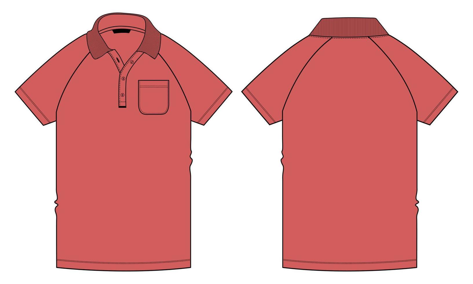 korte mouw raglan poloshirt technische mode platte schets vector illustratie rode kleur sjabloon voor- en achterkant uitzicht geïsoleerd op een witte achtergrond.
