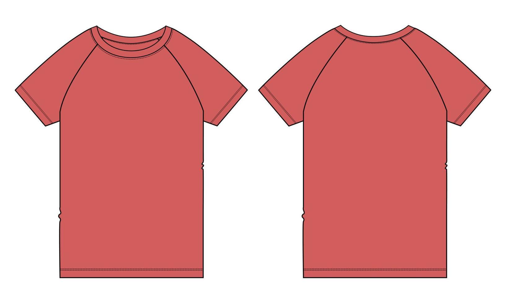 korte mouw raglan t-shirt technische mode platte schets vector illustratie rode kleur sjabloon voor- en achterkant uitzicht.
