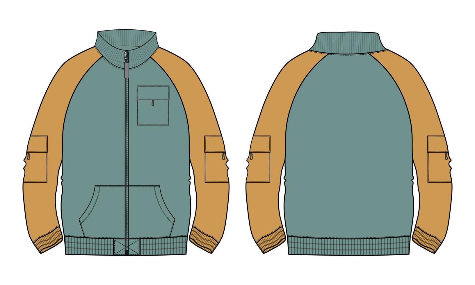 tweekleurige groene en gele kleur lange mouw jas technische mode platte schets vector illustratie sjabloon voor- en achterkant uitzicht.