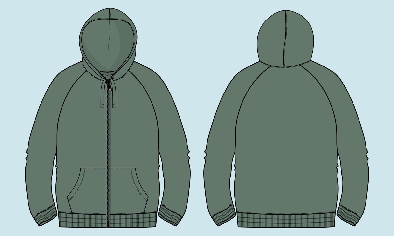 lange mouw hoodie technische mode platte schets vector illustratie groene kleur sjabloon voor- en achterkant uitzicht.