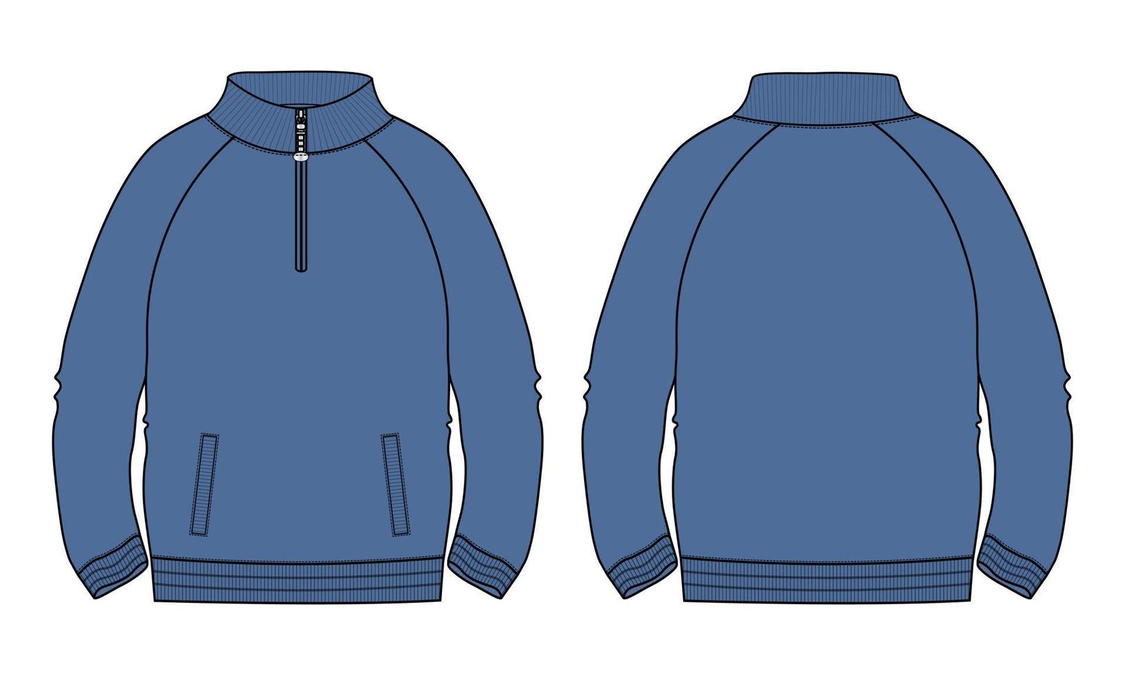 lange mouw jas met zak en rits technische mode platte schets vector illustratie marineblauwe kleur sjabloon. sweatshirtjack van fleece jersey voor heren en jongens