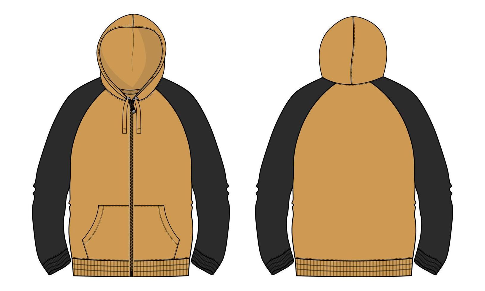 tweekleurige gele en zwarte kleur hoodie met lange mouwen technische mode platte schets vector illustratie sjabloon voor- en achterkant uitzicht.