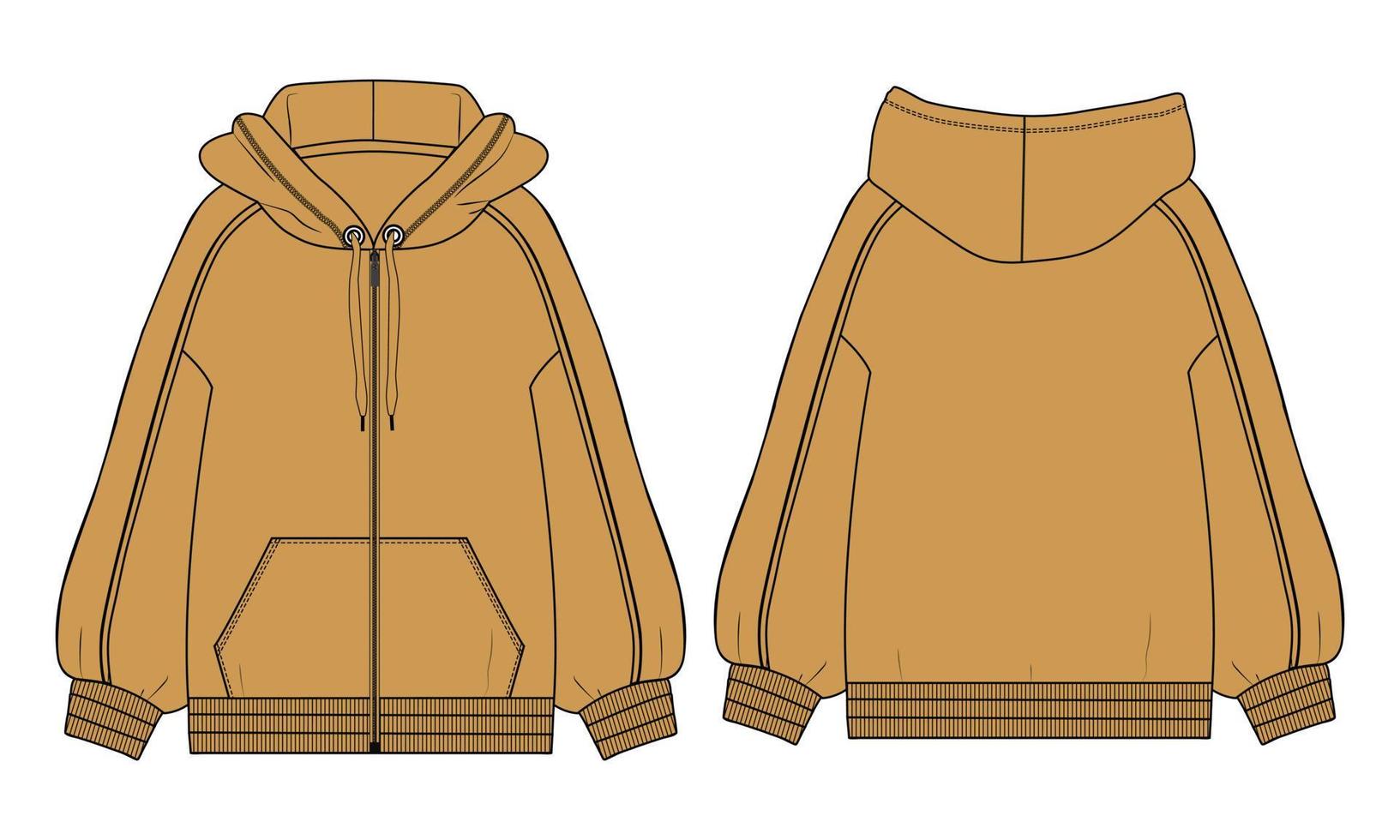 lange mouw hoodie technische mode platte schets vector illustratie gele kleur sjabloon voor- en achterkant uitzicht.