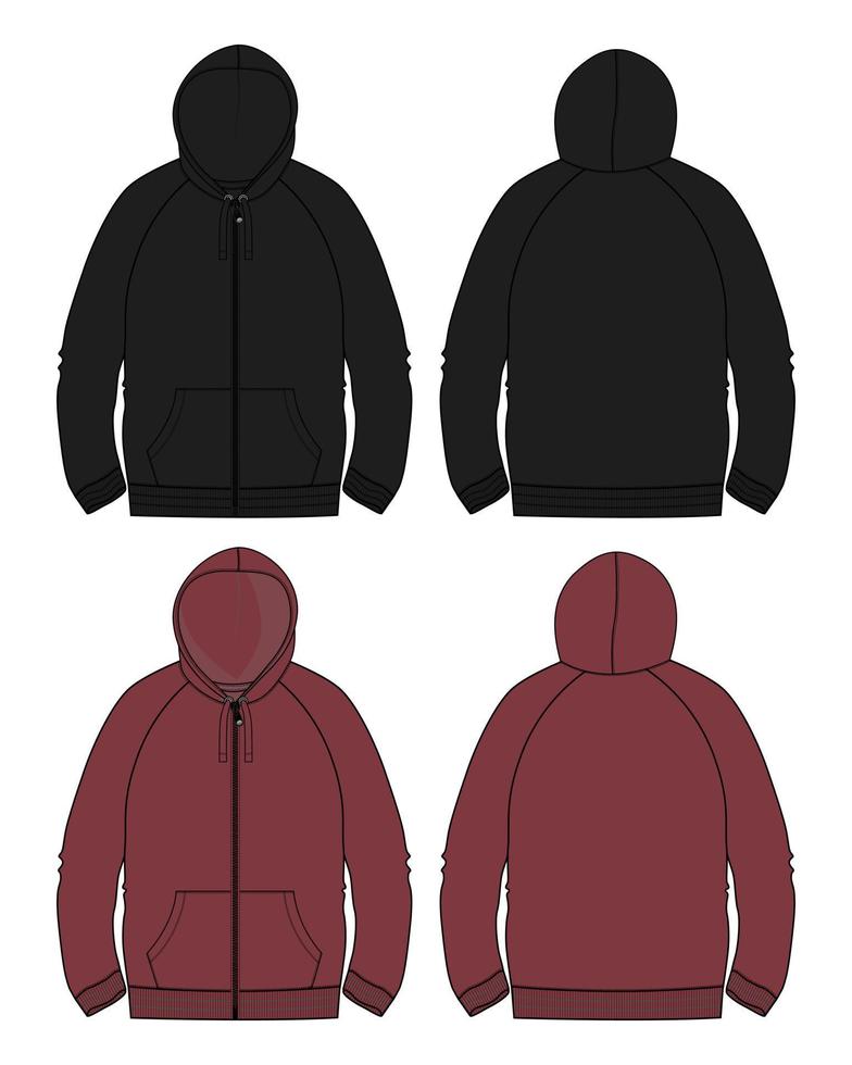 lange mouw hoodie technische mode platte schets vector illustratie zwarte en rode kleur sjabloon voor- en achterkant uitzicht.