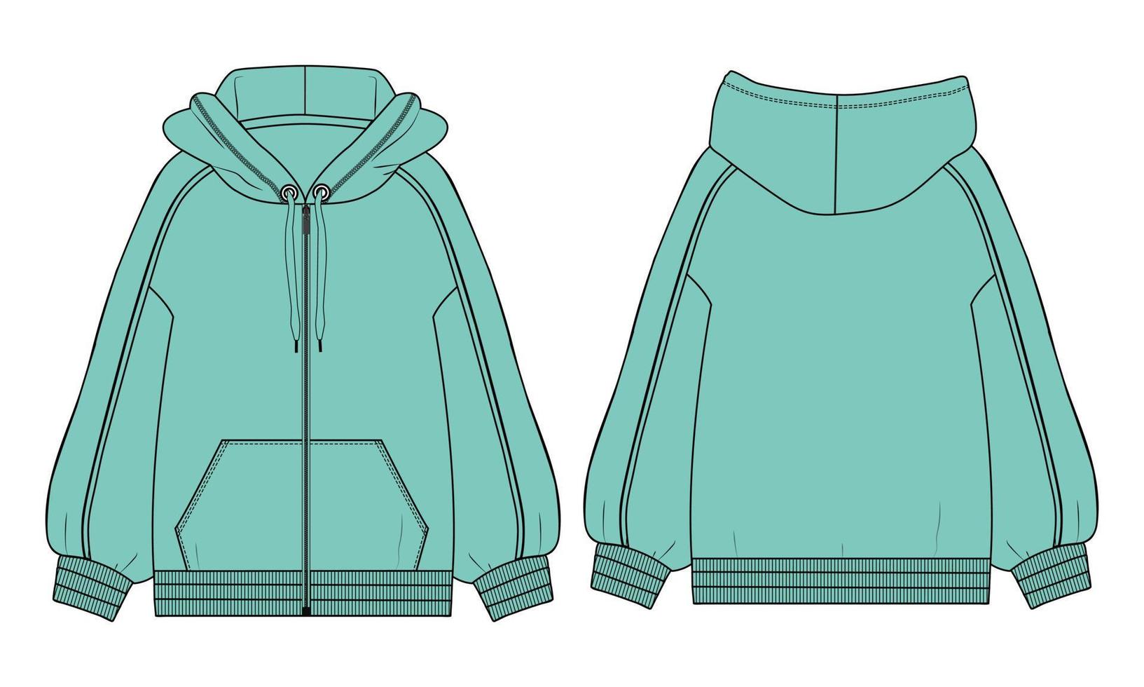 lange mouw hoodie technische mode platte schets vector illustratie sjabloon voor- en achterkant uitzicht.