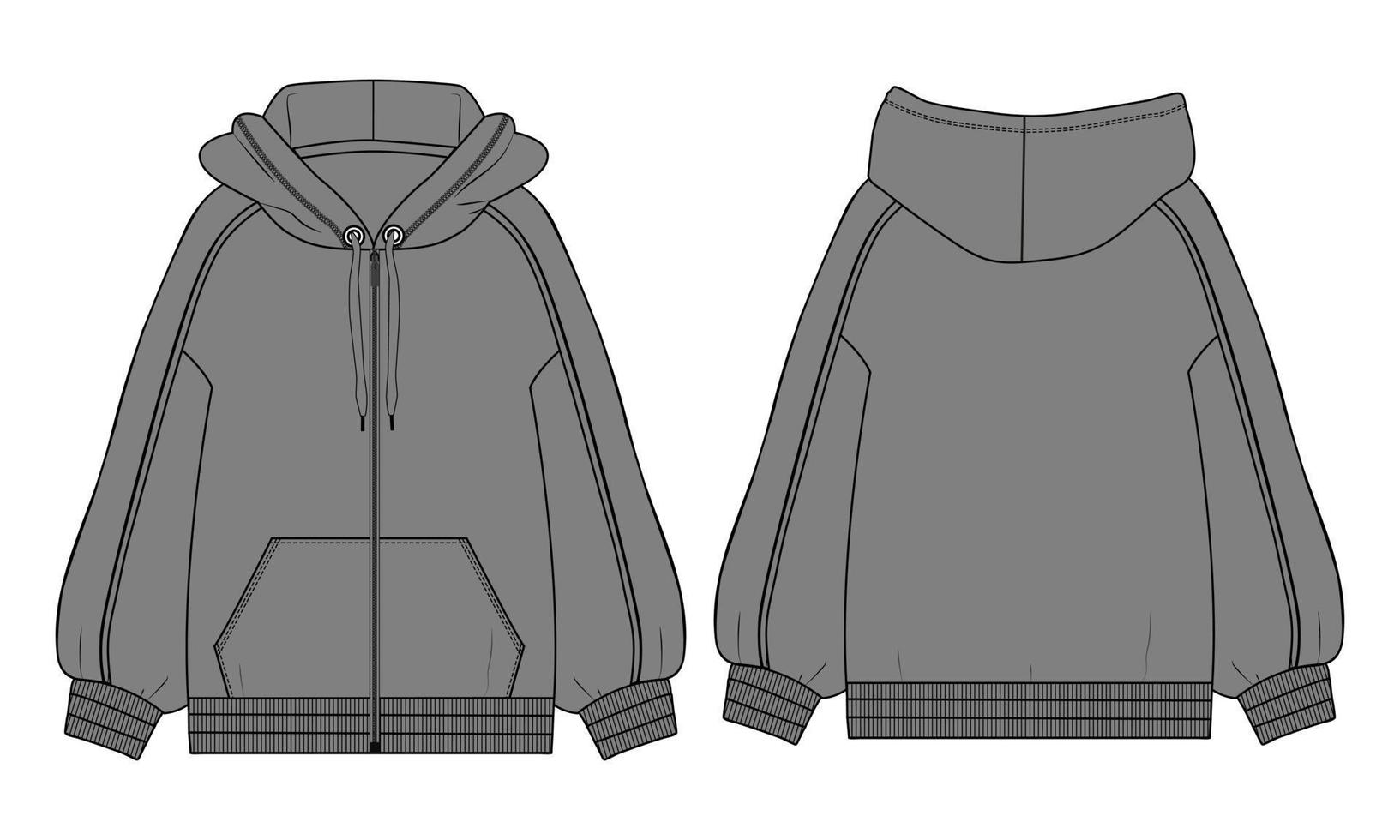 lange mouw hoodie technische mode platte schets vector illustratie grijze kleur sjabloon voor- en achterkant uitzicht.